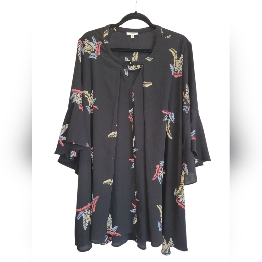 Large JODIFL Black Feather Print Ruffle Wide Sleeve Relaxed Fit Midi Dress